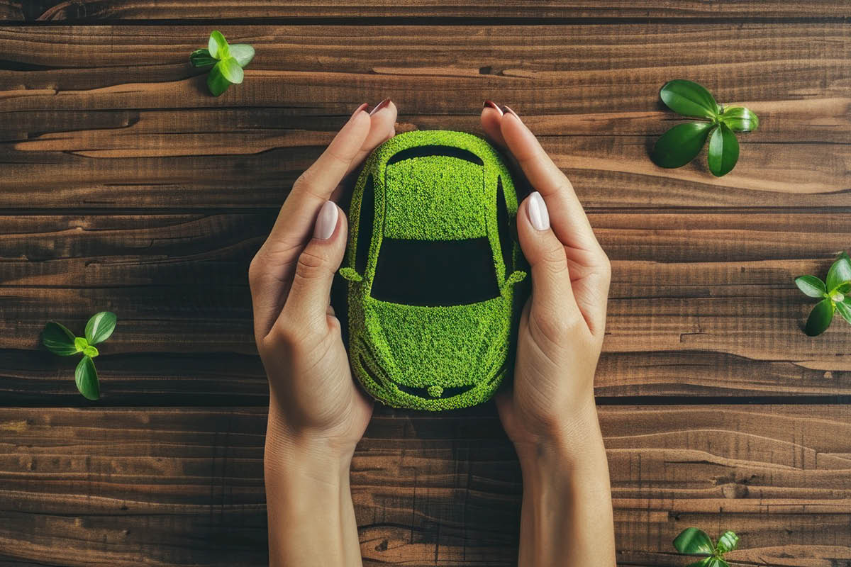 Zwei Hände, die ein grünes, mit Gras bedecktes Modellauto umschließen. Das Auto liegt auf einem Holztisch, umgeben von kleinen grünen Pflanzen.