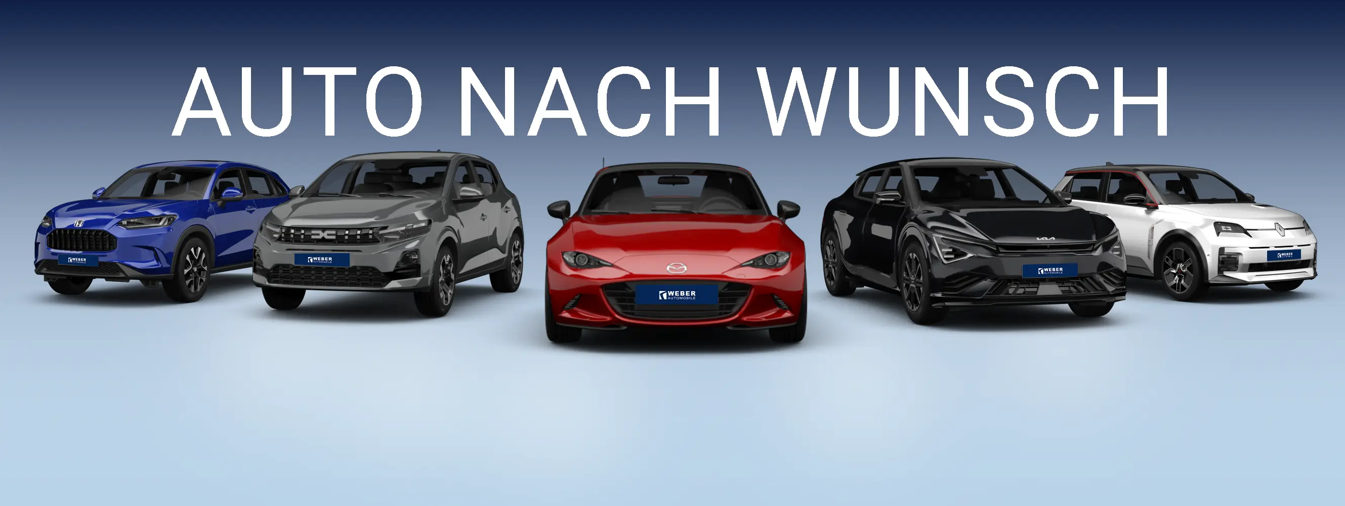 Das Bild zeigt fünf verschiedene Marken aufgereiht vor einem blauen Hintergrund. Über den Fahrzeugen steht der Schriftzug „AUTO NACH WUNSCH“. 