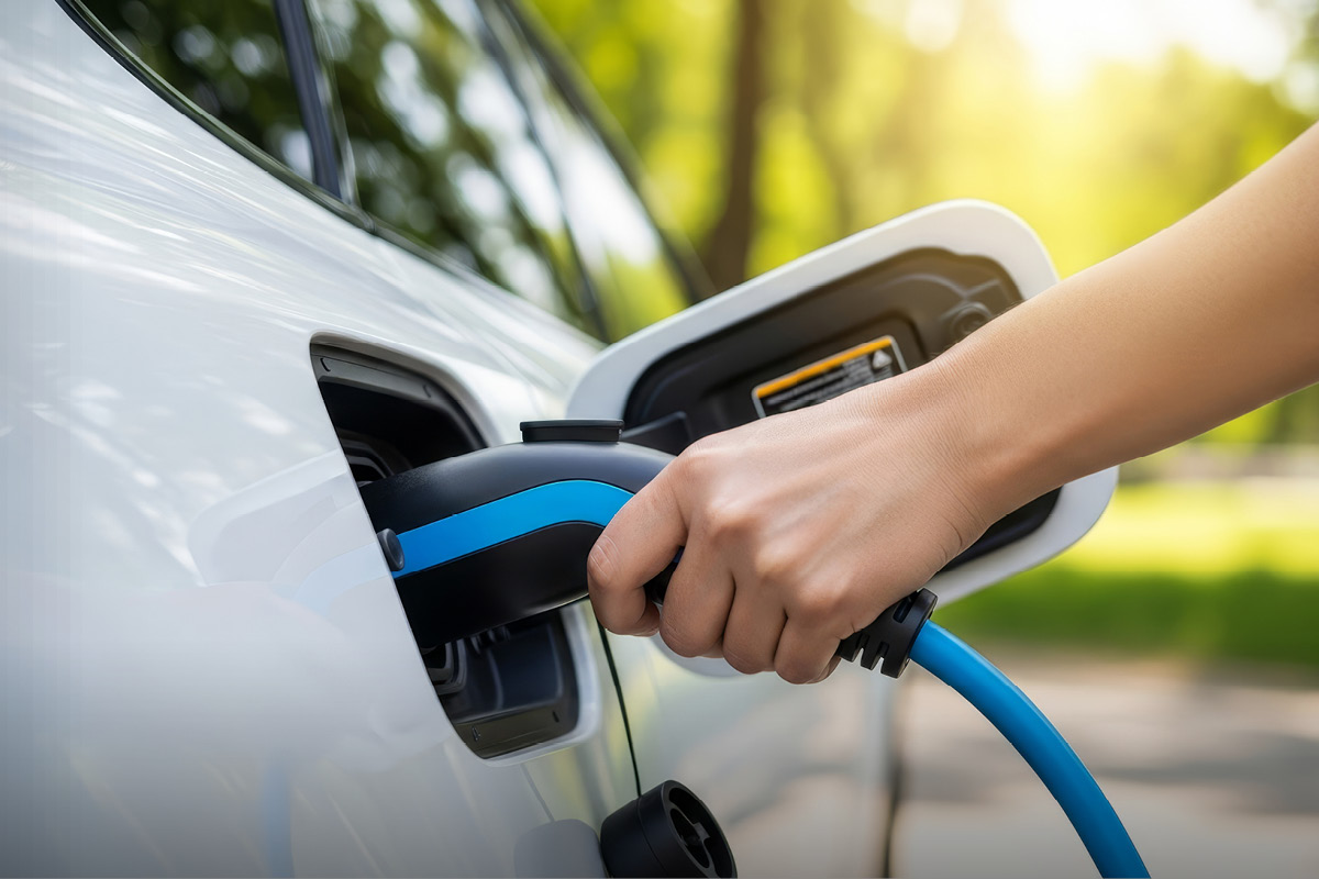 Zwei Personen stehen unter einem aufgebockten Auto in einer Werkstatt. Eine Person hält eine Lampe und zeigt auf einen Bereich unter dem Fahrzeug, während die andere aufmerksam zuhört.