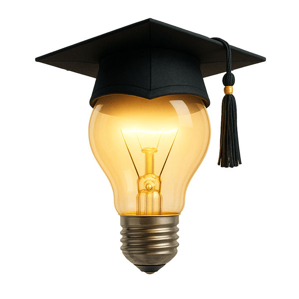 Leuchtende Glühbirne zu sehen, die mit einem schwarzen Absolventenhut geschmückt ist.